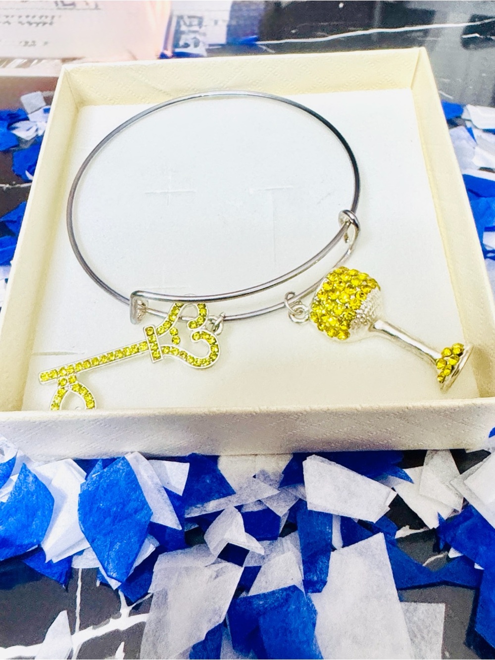 Yellow Crystal Key & Goblet Charm Bangle Bracelet - Women Jewelry